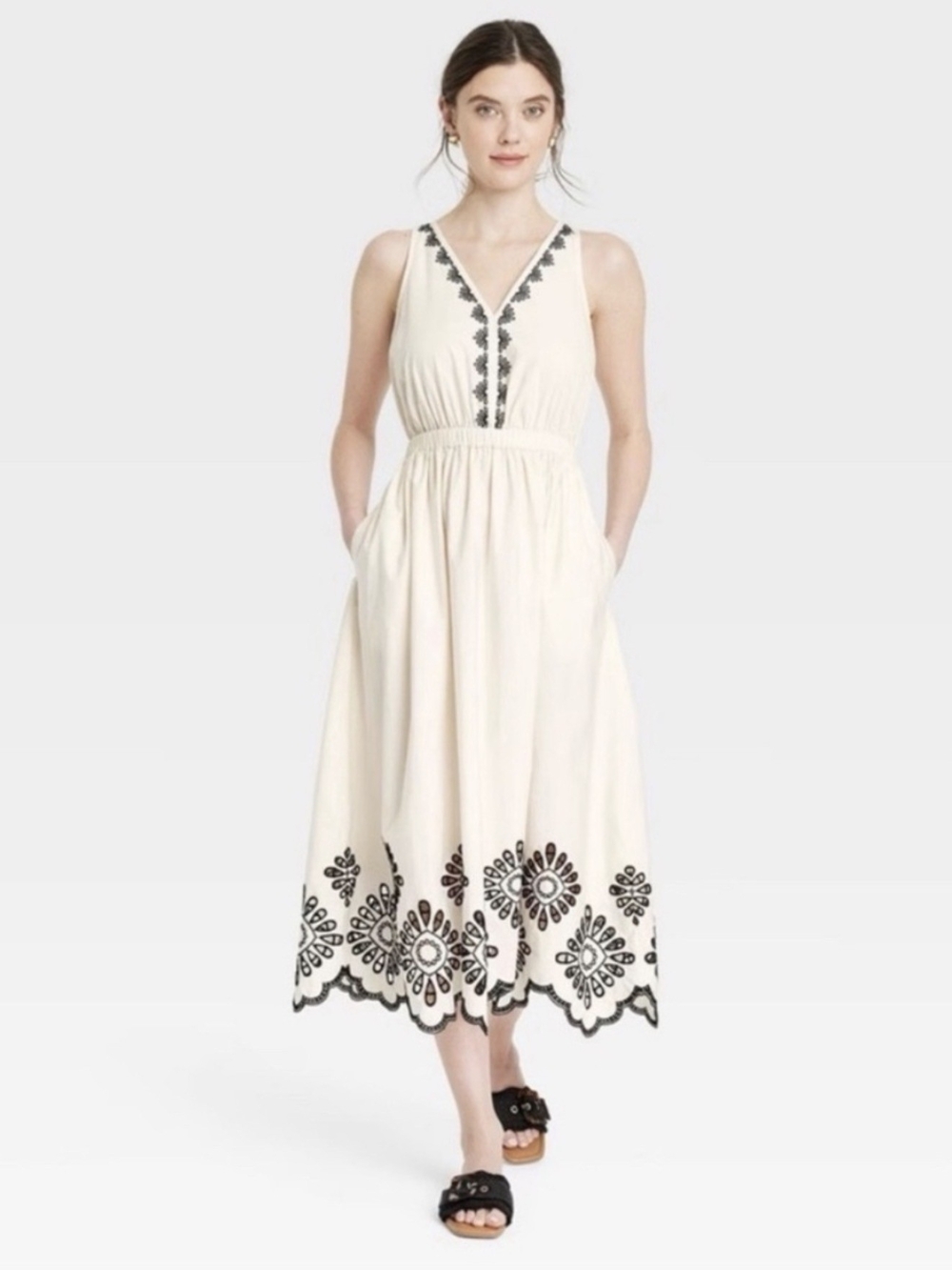 Universal Thread Cream Midi Dress with Black Embroidery